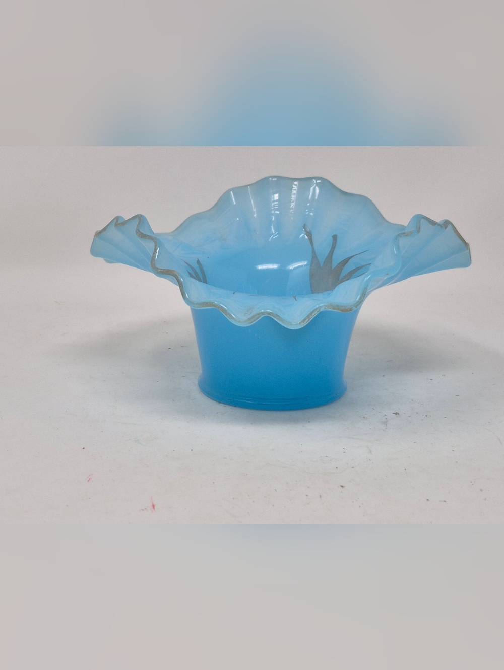 Vintage Blue Glass Vase With Ruffled Edge Hand Painted